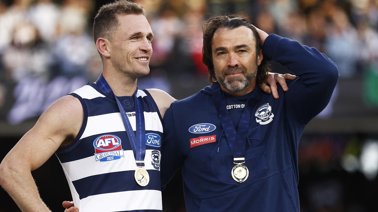 Joel Selwood and Chris Scott after Geelong’s premiership win. Picture: Getty Images