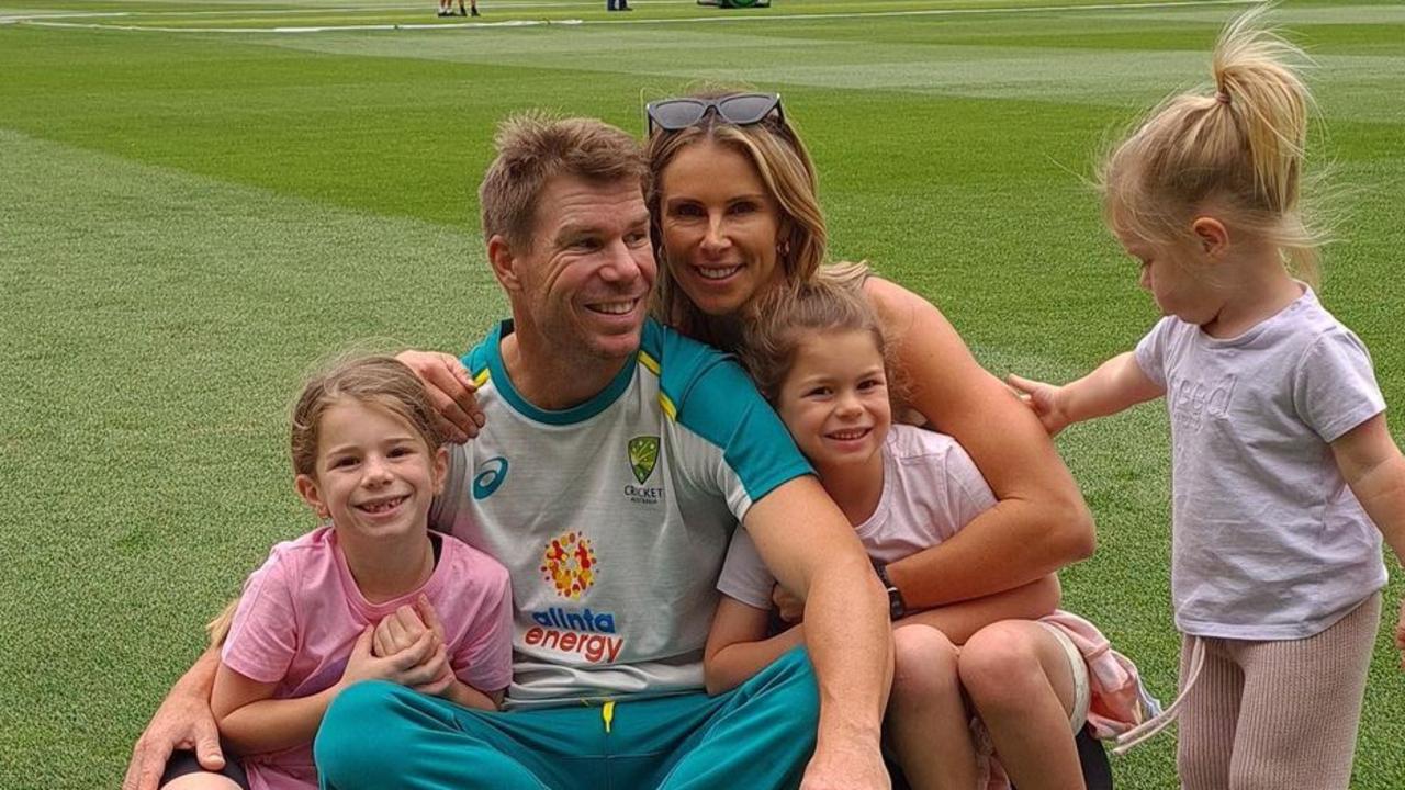 David and Candice Warner with children Ivy, Isla and Indy at the MCG on Christmas Day Pic: Instagram