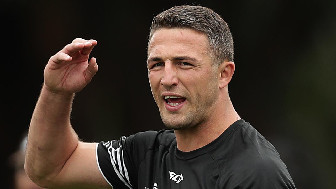 Sam Burgess talks to players during a South Sydney Rabbitohs training session at Redfern Oval.