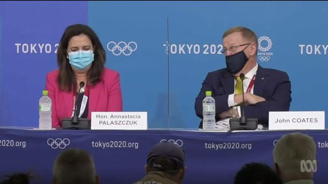 Annastacia Palaszczuk and John Coates at the press conference in Tokyo.