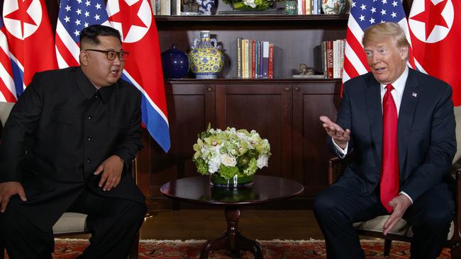 The body language of Donald Trump and Kim Jong-un was sharply different as they met. Picture: AP.