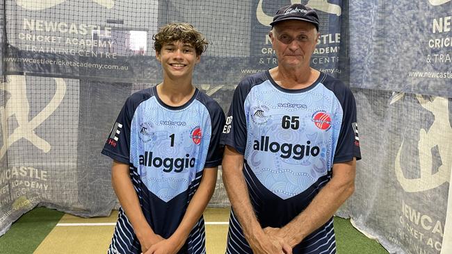 65-year-old Newcastle City cricketer Brad O'Dell (right), who took all 10 wickets, including a hat-trick, in a fourth grade match against Wallsend during the 2024-25 season. Pictured with son Hamish O'Dell. Picture: Alex Pichaloff