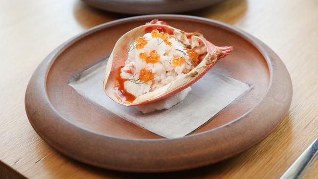 Fraser Island crab with fennel custard and trout roe. Picture: Richard Dobson