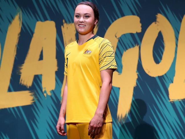 Matildas star Caitlin Foord models the new kit.