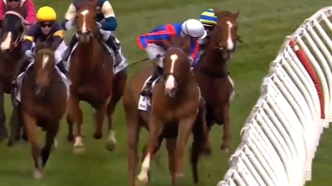 Blake Shinn (Run Harry Run) brushes with Jamie Kah (Another Wil) in the Testa Rossa Stakes at Caulfield. Picture: Racing.com