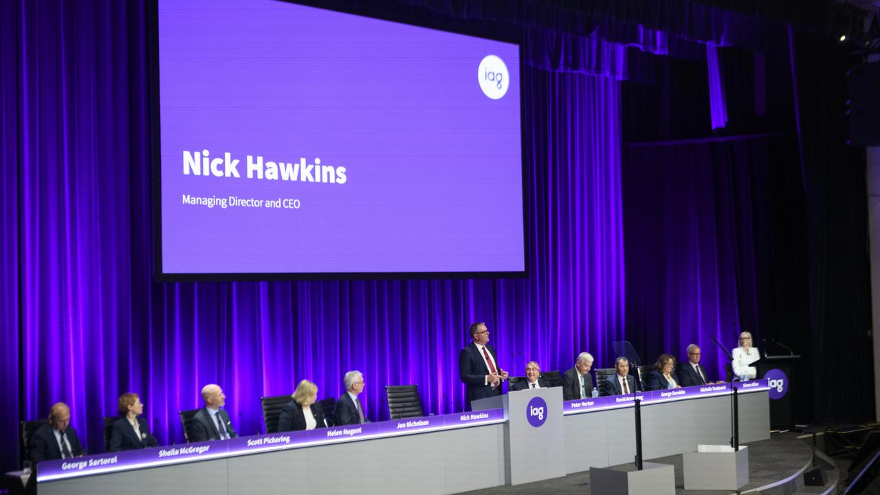 Mr Hawkins speaks at IAG’s 2022 AGM in Sydney. Picture: Dan Gray