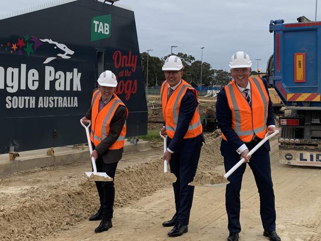 Greyhound Racing SA CEO Matthew Corby and chairman Grantley Stevens with Recreation, Sport and Racing Minister Corey Wingard (centre). Pic: PAULA THOMPSON