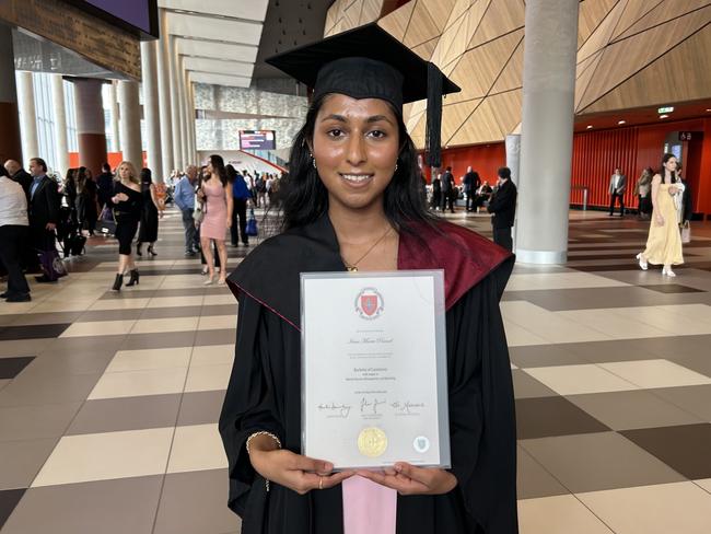 Irine Prasad graduates with a Bachelor of Commerce from the Australian Catholic University on April 17, 2024. Picture: Brittany Busch