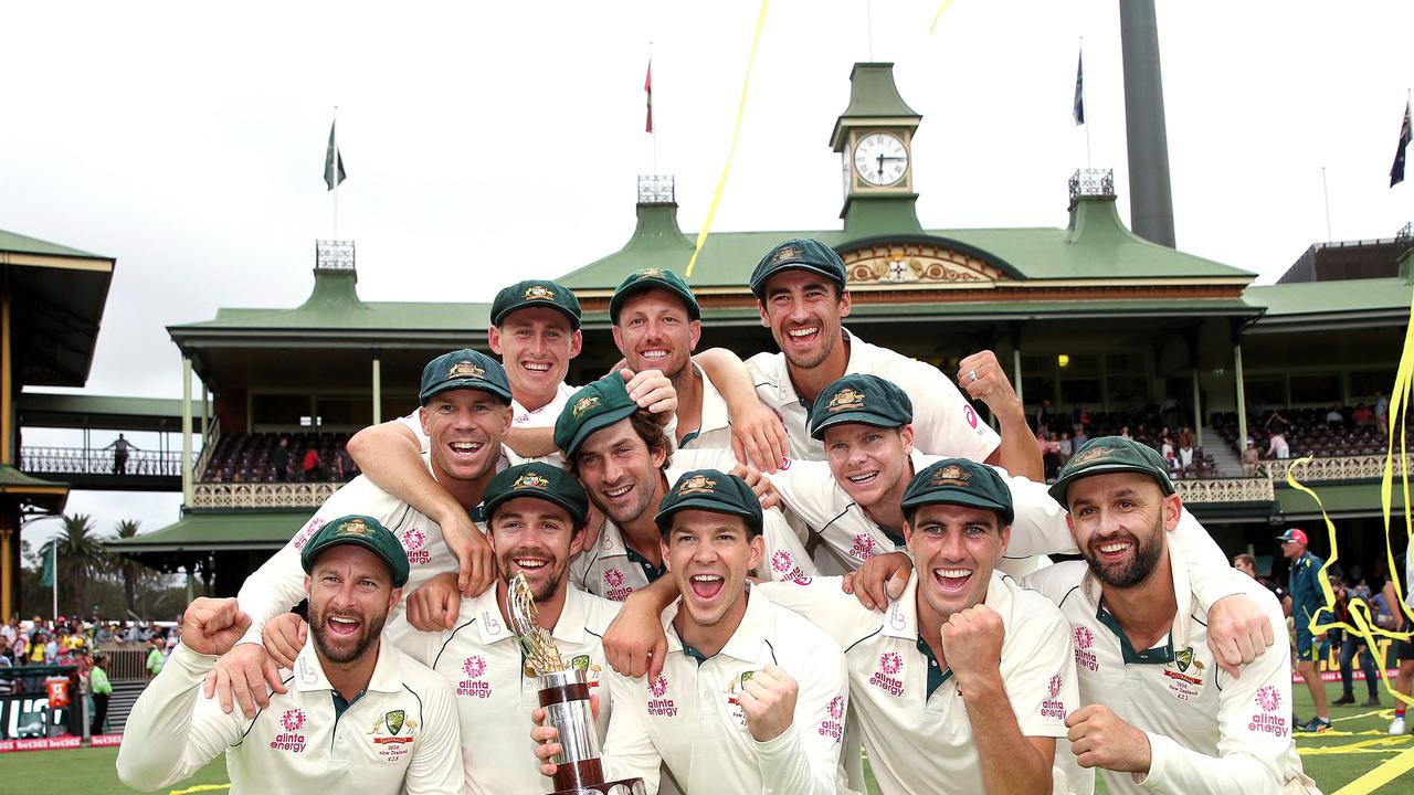 The Aussies celebrate the Test series win over New Zealand at the SCG after the New Year’s Test in January. Picture: Phil Hillyard