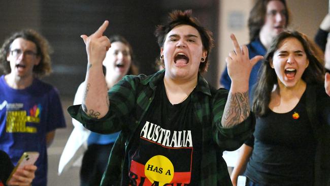 Confrontational scenes unfolded outside a No campaign event as protesters clashed with attendees of an event headlined by leading No campaigners Nyunggai Warren Mundine and Senator Jacinta Price. Picture: NCA NewsWire / John Gass