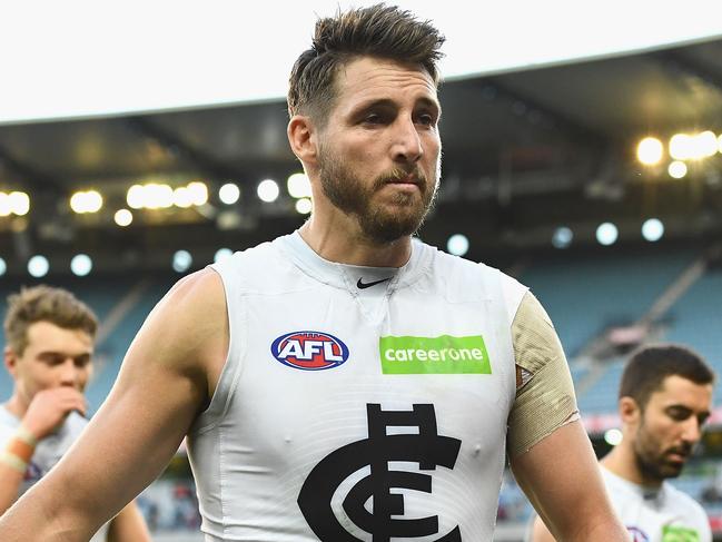 MELBOURNE, AUSTRALIA - APRIL 02:  Dale Thomas of the Blues looks dejected after losing during the round two AFL match between the Melbourne Demons and the Carlton Blues at Melbourne Cricket Ground on April 2, 2017 in Melbourne, Australia.  (Photo by Quinn Rooney/Getty Images)