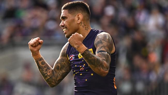 PERTH, AUSTRALIA - JULY 21: Michael Walters of the Dockers celebrates a goal during the 2024 AFL Round 19 match between the Fremantle Dockers and the Melbourne Demons at Optus Stadium on July 21, 2024 in Perth, Australia. (Photo by Daniel Carson/AFL Photos via Getty Images)