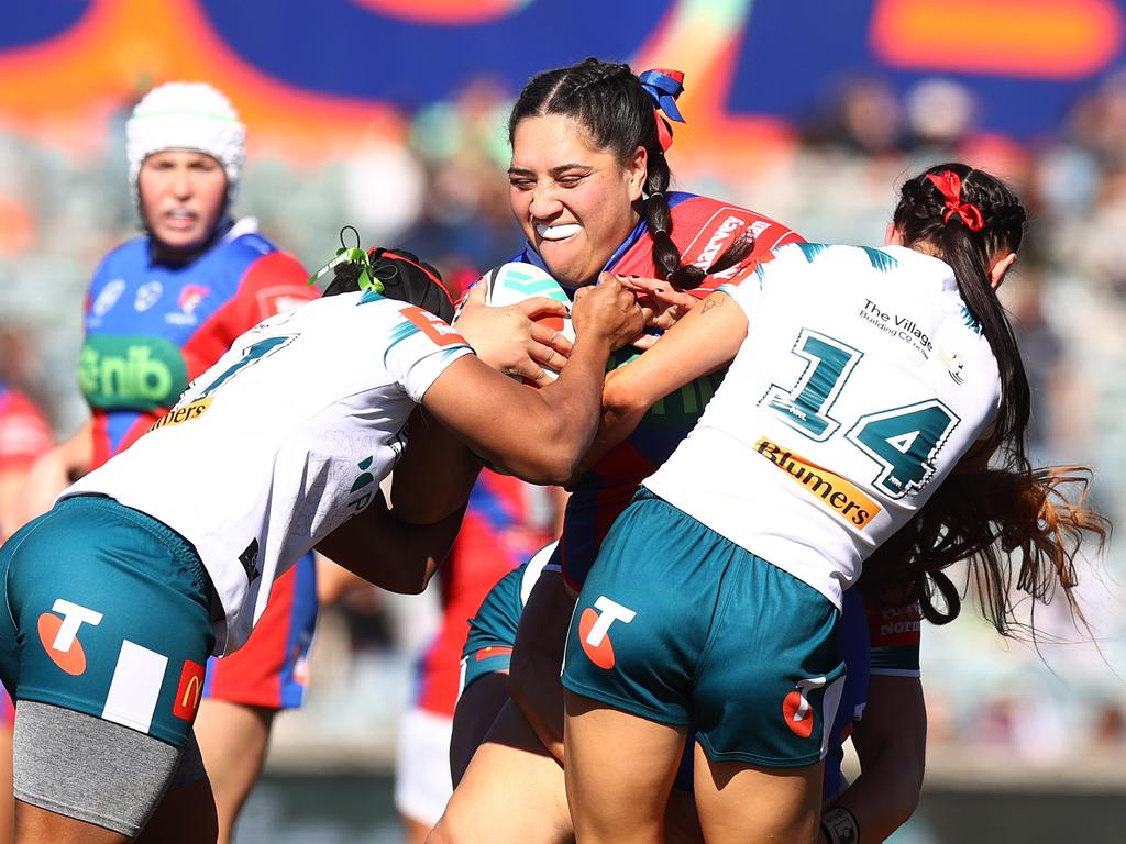 Rima Butler of the Knights is tackled during the round two NRLW match between Canberra Raiders and Newcastle Knights. Picture: Getty Images