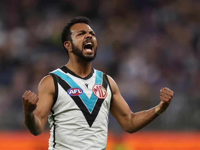 Willie Rioli celebrates a goal. Picture: Will Russell/AFL Photos via Getty Images.