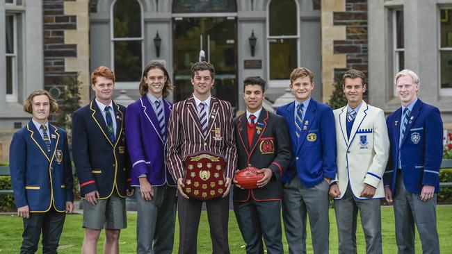 Messenger Shield college footy captains Sam Wormald (Immanuel) Angus Kitto (Scotch) Zac Stroud (CBC) Karl Finlay (Prince Alfred) Stefan Lanzoni (Rostrevor) Tully Kennett (Pembroke) Will Warrick (St Peter’s) Beau McRae (Sacred Heart). Picture: AAP/Roy VanDerVegt