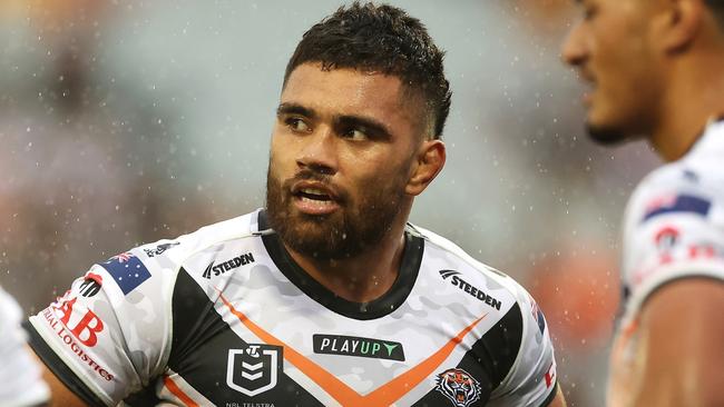 SYDNEY, AUSTRALIA - APRIL 23: Isaiah Papali'i of the Wests Tigers looks dejected after a try during the round eight NRL match between Wests Tigers and Manly Sea Eagles at Campbelltown Stadium on April 23, 2023 in Sydney, Australia. (Photo by Mark Kolbe/Getty Images)