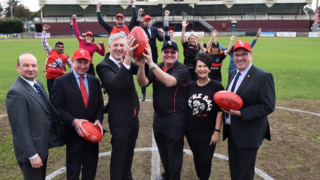 Happier times: Gary Buckenara (third from right) celebrates Frankston’s return to the VFL last year with other club officials.