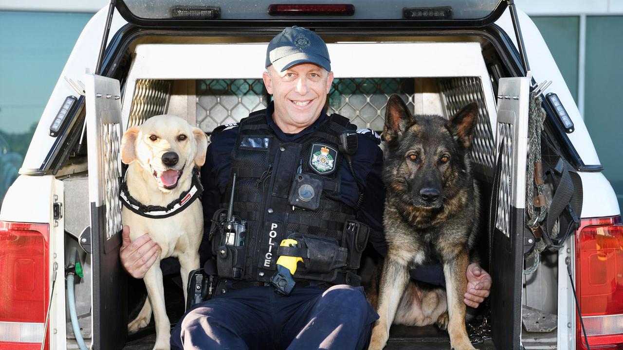 Sgt Ian Grigoris from Police Dog Squad with (L) Scamp and a then 5-year-old Rambo.