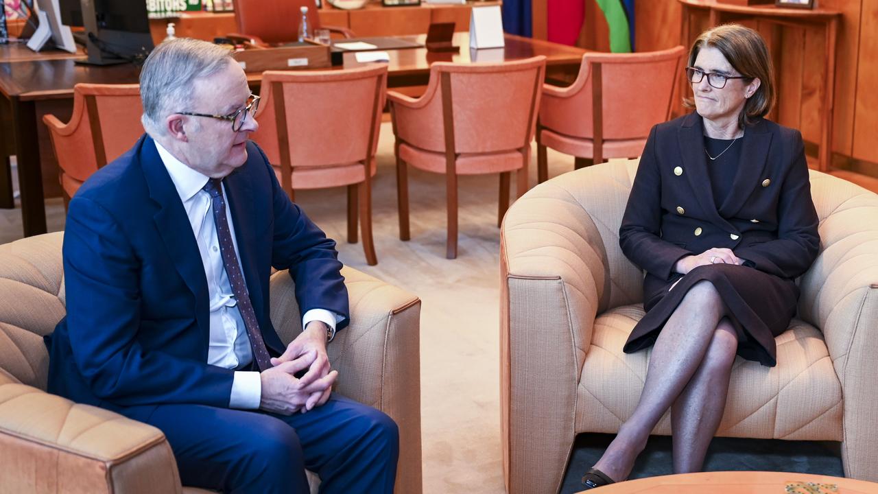 Anthony Albanese with Michele Bullock at Parliament House in Canberra on Friday. Picture: NCA NewsWire / Martin Ollman