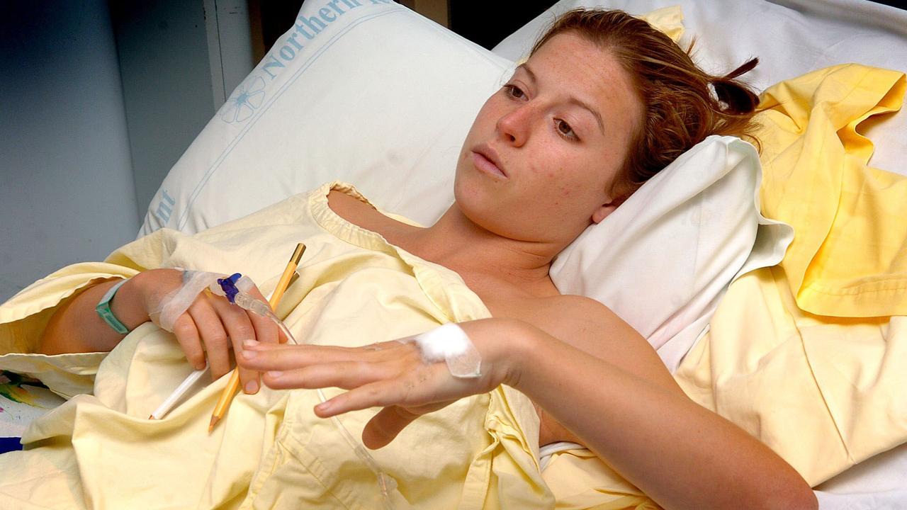 OCTOBER 4, 2005: Victim Aleta Lederwasch (21) of Newcastle speaks to media from her bed at Royal Darwin Hospital in Darwin, 04/10/05 where she is recovering from her wounds after being one of lucky injured who survived terrorist suicide bomb explosions in Jimbaran Bay area on Indonesian island of Bali on 01/10/05. Pic Peter Bennett. Indonesia / Crime / Bombing / Terrorism Northern Territory / Medical