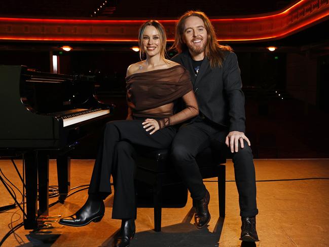 Pictured at the Enmore Theatre in Sydney: Jessica McNamee and Tim Minchin for the premiere of Season 2 of the Foxtel show, Upright. Picture: Richard Dobson
