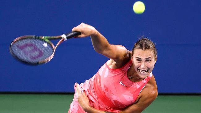 TOPSHOT - Belarus's Aryna Sabalenka serves to Belgium's Maryna Zanevska during the US Open tennis tournament women's singles first round match at the USTA Billie Jean King National Tennis Center in New York City, on August 29, 2023. (Photo by Kena BETANCUR / AFP)