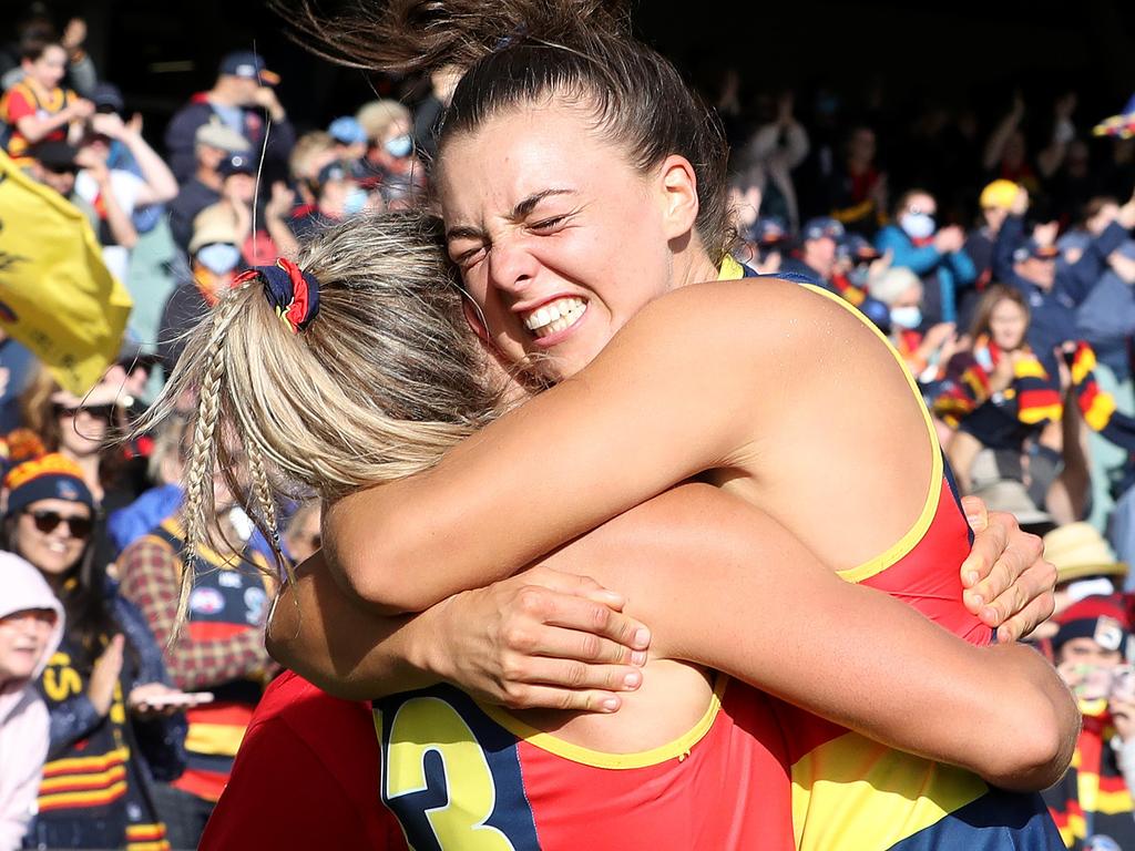 Crows starlet Ebony Marinoff celebrates another Grand Final appearance with Anne Hatchard. Picture: AFL Photos/Getty Images