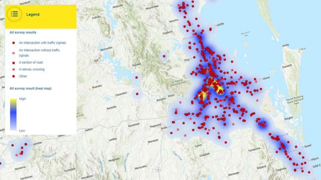 Heat map showing areas with most congestion in South-East Queensland, with yellow areas the most congested. Picture: RACQ