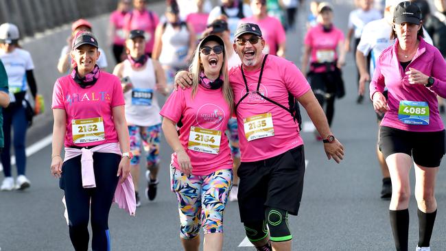 Runners and Walkers coming down the bridge for the Bridge 2 Brisbane fun run. Sunday August 28, 2022. Picture, John Gass