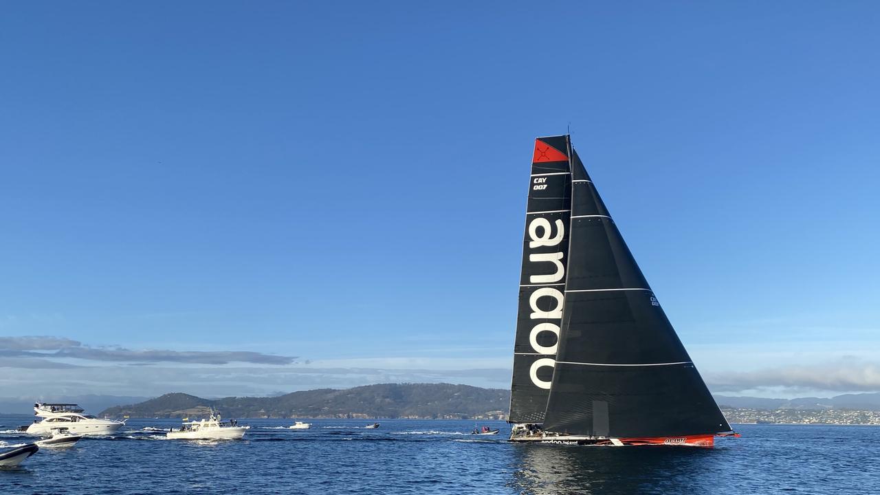 The finish for the 78th Sydney to Hobart as the leaders surge into the Derwent River on December 28, 2023. Picture: James Bresnehan