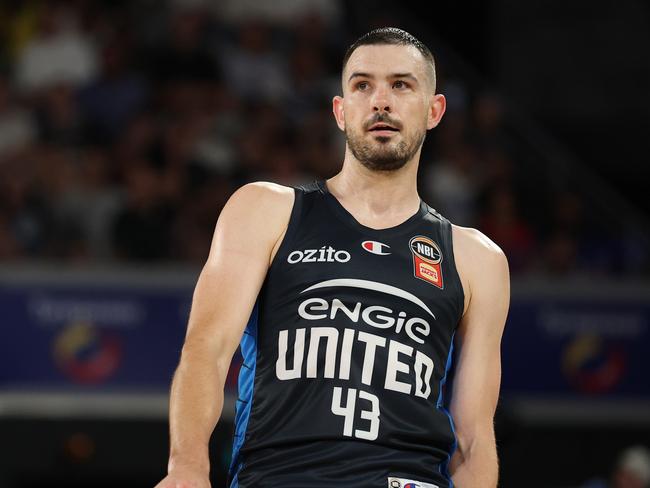 MELBOURNE, AUSTRALIA - FEBRUARY 27: Chris Goulding of United reacts after shooting a three pointer during game one of the NBL Semi Final Series between Melbourne United and Perth Wildcats at John Cain Arena, on February 27, 2025, in Melbourne, Australia. (Photo by Daniel Pockett/Getty Images)