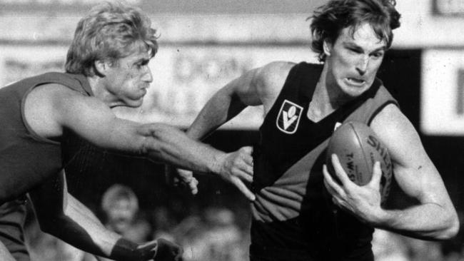 Football legend Neale Daniher playing for Essendon in 1985 against Melbourne.