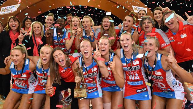 Swifts players celebrate winning last year’s Super Netball competition.