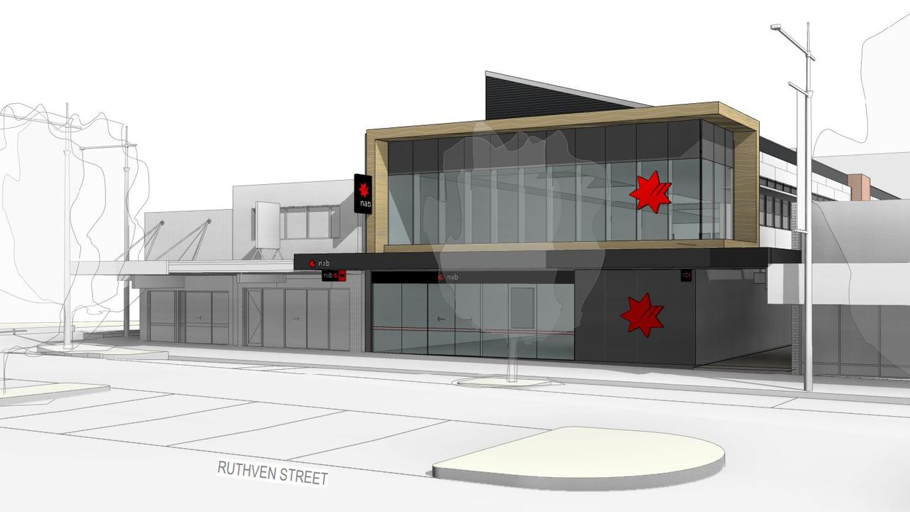 PROPOSED: Architectural designs and layouts for the proposed new National Australia Bank branch on Ruthven Street, the site of the current Phat Burgers eatery.