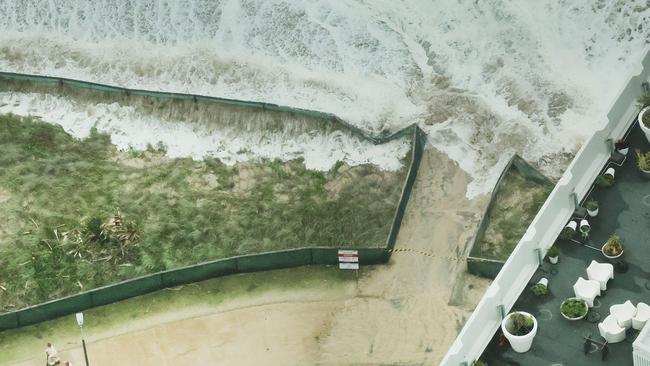 The view from Q1 of the giant surf, created by Cyclone Alfred, pounding the beachfront on the Gold Coast. Picture Glenn Hampson