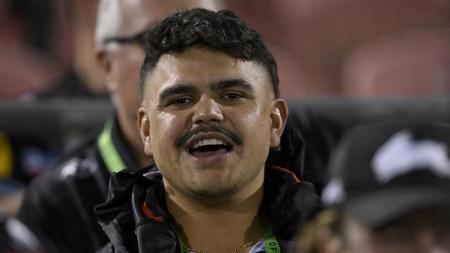 Rabbitohs star Latrell Mitchell in the stands watching his teammates during their loss to Penrith. Credit: NRL Images.