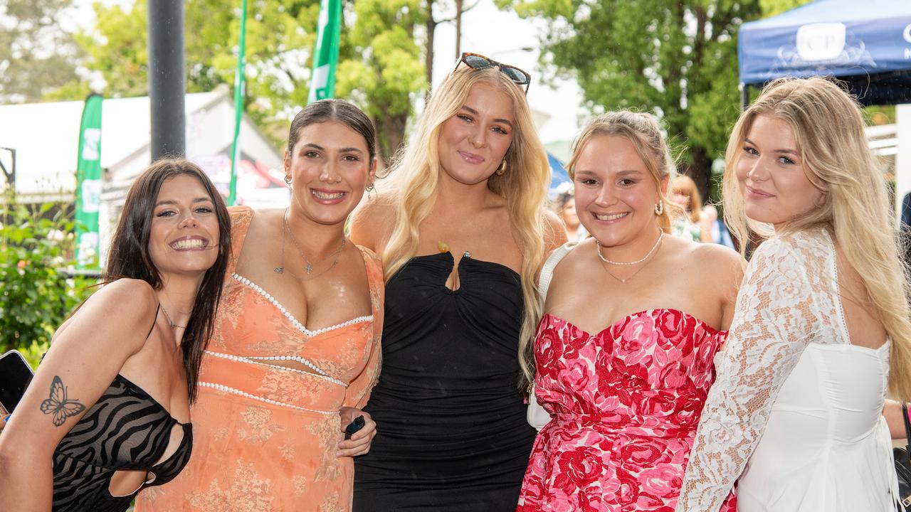 Zara Weaver (left) with Natasha Saal, Stephanie Fletcher, Indigo Lock and Christina Fletcher. IEquine Toowoomba Weetwood Raceday - Clifford Park Saturday September 28, 2024 Picture: Bev Lacey