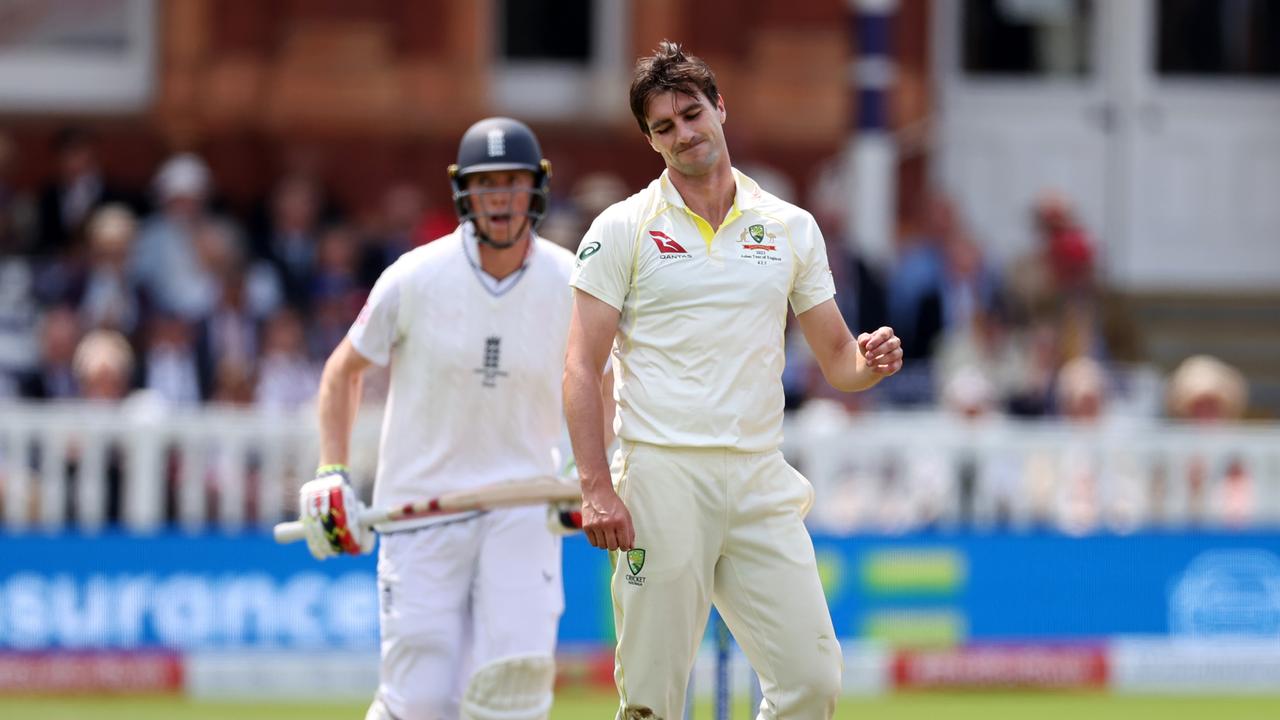 Pat Cummins looks on during England’s bright start to their first innings. Picture: Getty