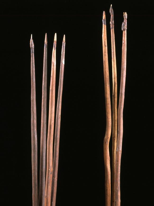 Gararra (fishing spears), right, collected from the Gweagal people at Botany Bay in April 1770.