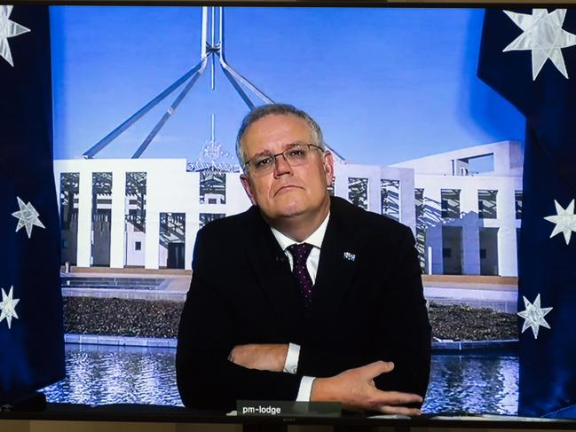 CANBERRA, AUSTRALIA - NewsWire Photos JUNE 21, 2021: Prime Minister of Australia, Scott Morrison during Question Time (in quarantine) at Parliament House in Canberra. Picture: NCA NewsWire / Martin Ollman