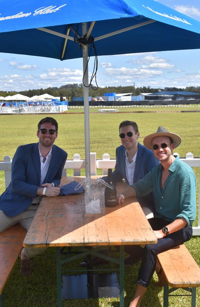 Lewis Ireland, Alex Ashby and Tyron March enjoy their day at the Polo By the Sea event in Maroochydore. Picture: Eddie Franklin