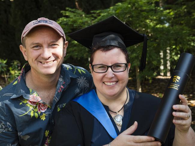 Clint Janson congratulates Bachelor of Nursing graduate Kirsty Riley at a UniSQ graduation ceremony at Empire Theatres, Tuesday, October 31, 2023. Picture: Kevin Farmer