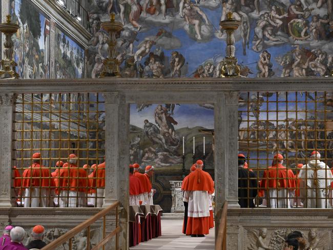 Cardinals arrive inside the Sistine Chapel at the Vatican at the start of the conclave to elect the successor of late Pope Francis. Picture: AP Photo