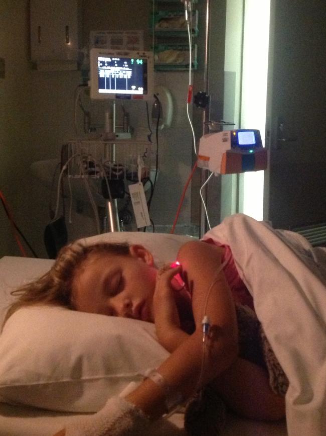 Sarah Baker in hospital after being diagnosed with meningococcal B.