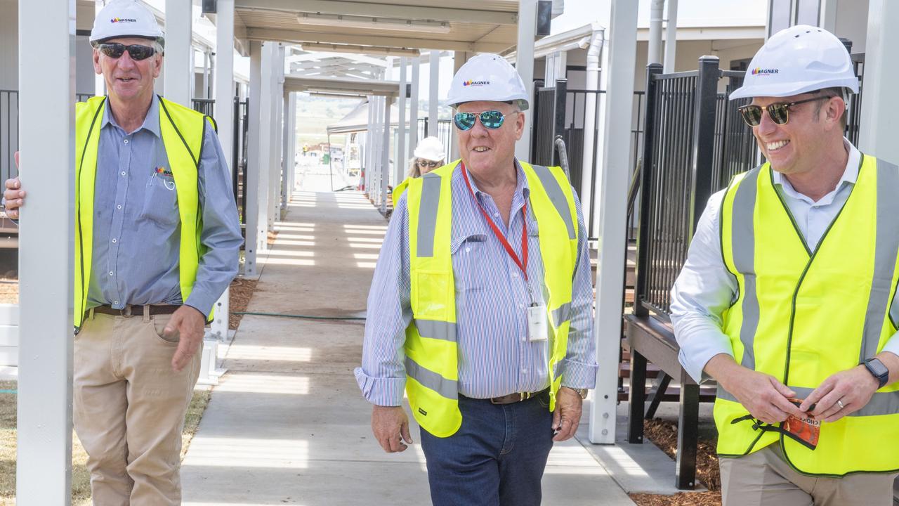 Denis Wagner (left) John Wagner and Deputy Premier Steven Miles, quarantine hub at Wellcamp Airport. Monday, December 20, 2021. Picture: Nev Madsen.