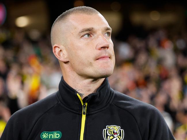 MELBOURNE, AUSTRALIA - AUGUST 24: Retiree Dustin Martin of the Tigers looks on whilst participating in a lap of honour during the 2024 AFL Round 24 match between the Richmond Tigers and the Gold Coast SUNS at The Melbourne Cricket Ground on August 24, 2024 in Melbourne, Australia. (Photo by Dylan Burns/AFL Photos via Getty Images)