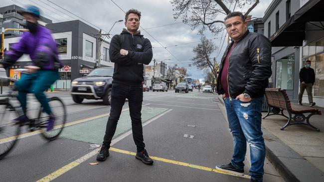 Matt Lanigan (left) from Lucky Penny Cafe and Sam Koulis of Sam &amp; Ko are concerned about trade on Chapel St. Picture: Jay Town