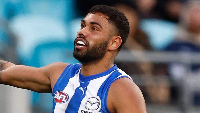 HOBART, AUSTRALIA - JUNE 11: Tarryn Thomas of the Kangaroos celebrates a goal during the 2023 AFL Round 13 match between the North Melbourne Kangaroos and the GWS Giants at Blundstone Arena on June 11, 2023 in Hobart, Australia. (Photo by Michael Willson/AFL Photos via Getty Images)