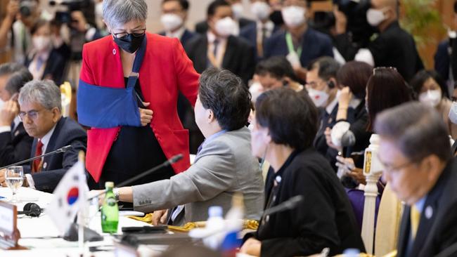 Foreign Minister, Senator the Hon Penny Wong walks out of the East Asia Summit Foreign Ministers Meeting at the Sokha Phnom Penh hotel.