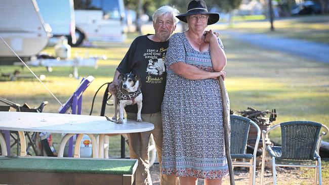 Tracey Hind, 58, and partner Stephen Ibbetson, 72, (with 19yr old Charlie the dog) at the showgrounds in Lawnton. Picture: Lyndon Mechielsen/Courier Mail